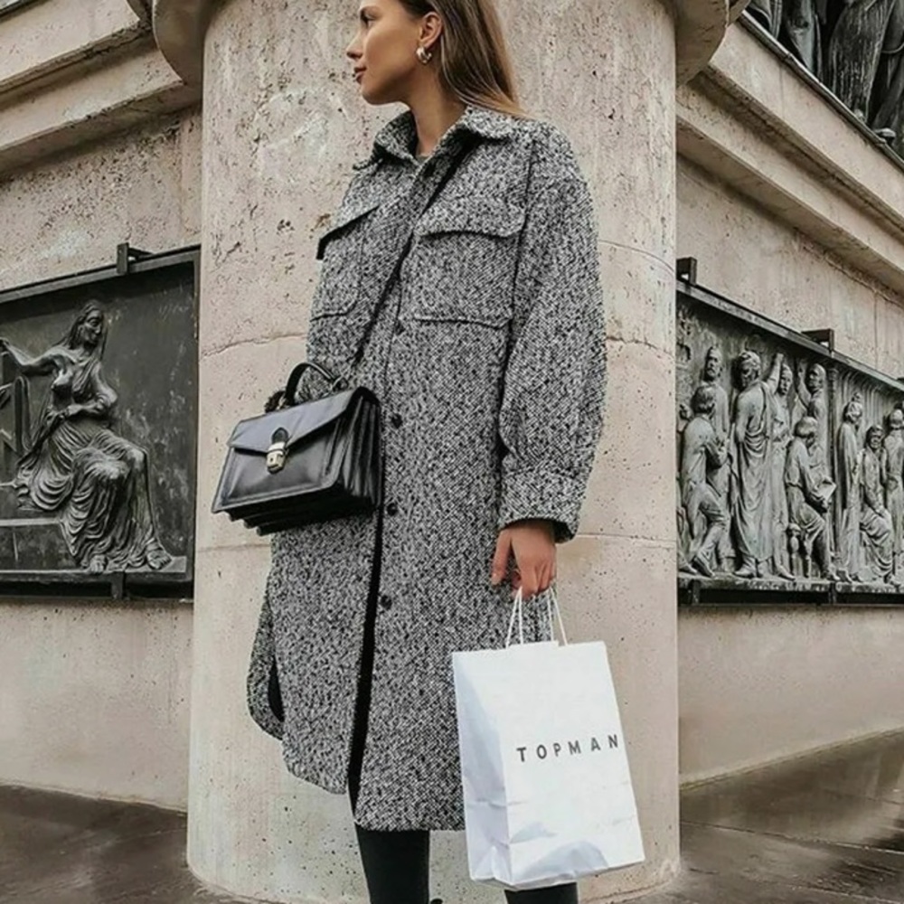 EUC H&M BLACK WHITE TWEED LONG OVER SHIRT SHACKET JACKET COAT OVERSIZED SZ XS